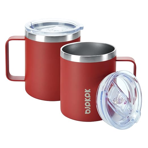 BJPKPK 2pcs Stainless Steel Insulated Coffee Mug, 14oz with Lid, Non Sweat Design-Red | Travel Coffee Mug with Handle, Vacuum Insulated Tumbler Cup for Camping, Office, Home, BPA Free Lid, Hot & Cold by BJPKPK
