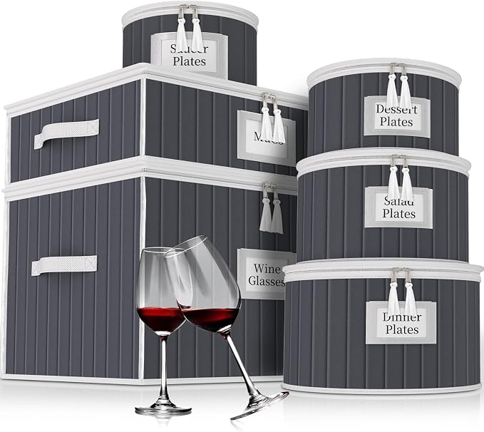 Fine China Storage Containers, 6 Piece Dish Storage Containers, Stackable Plate Storage, Coffee Mug Storage and Wine Glass Storage Box with Dividers, Quilted Dish Organizers, Grey by VERONLY