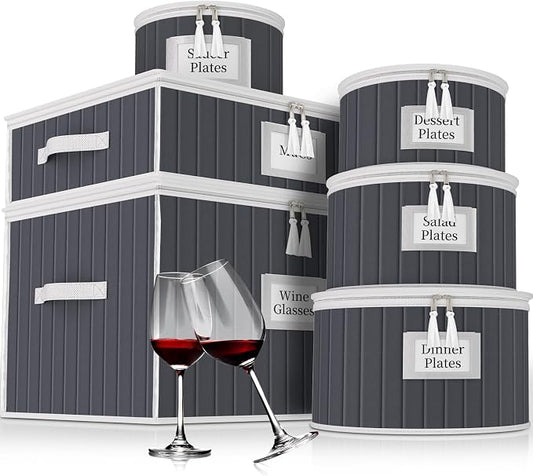 Fine China Storage Containers, 6 Piece Dish Storage Containers, Stackable Plate Storage, Coffee Mug Storage and Wine Glass Storage Box with Dividers, Quilted Dish Organizers, Grey by VERONLY