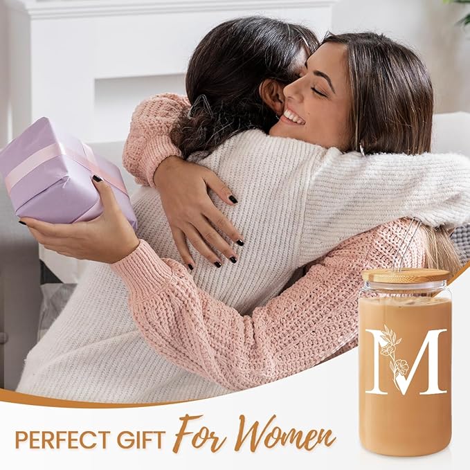 SANDJEST Monogrammed Gifts for Women - Monogram M Initial Glass Cup 16 Oz Can Coffee Cups with Lid and Straw - Monogram Initials Gifts for Womens on Birthday