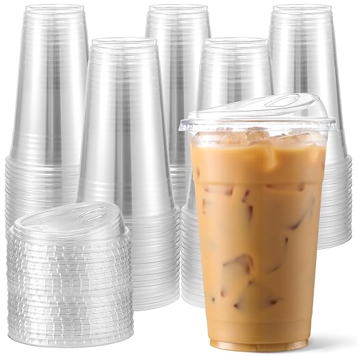 AOZITA 100 Pack 16 oz Plastic Cups With Strawless Sip-Lids, Iced Coffee Cups With Lids BPA Free, Disposable Clear Cups, To Go Cups for Smoothies, Party Drinks, Bubble Tea, Cold Beverage by AOZITA