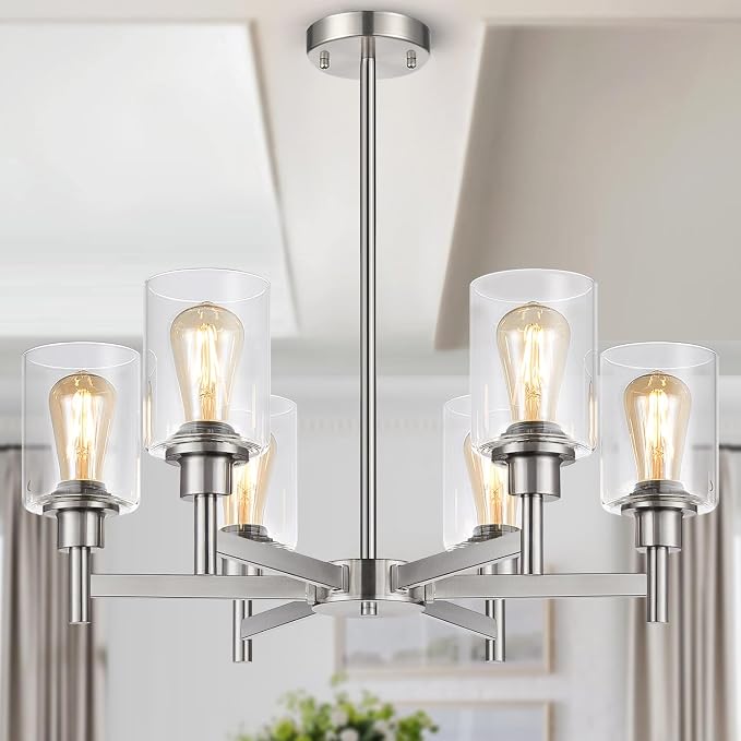 Brushed Nickel Chandeliers, 6 Light Farmhouse Chandelier for Dining Room Light Fixtures Over Table, Hanging Light Fixture with Clear Glass Shade for Kitchen Island Living Room, Height Adjustable by BringBrightnesstoYourLife