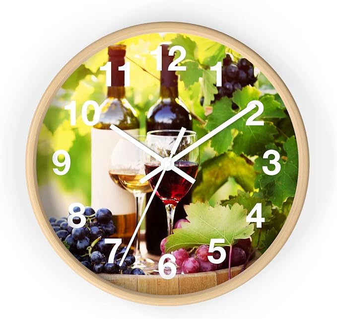 Mozingo ~ Wine Clock for Kitchen Bar Wall It's Wine O'clock Silent Time Gift Home Decor Made In USA, 10" (Hour Marks - Numbers, Clock Frame Color - Natural Wood, Wine Theme #03) by Unknown