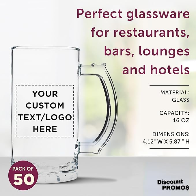 DISCOUNT PROMOS Custom Glass Beer Mug 16 oz. Set of 50, Personalized Bulk Pack - Great for Wedding Favors, Groomsmen Gifts, Birthday Gifts - Clear Bottom Color