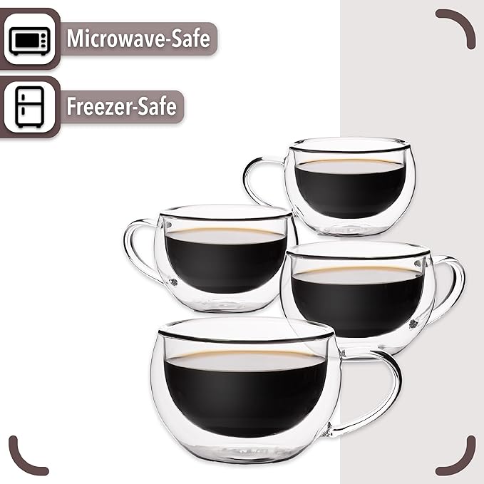BTaT Insulated Espresso Cups, Glass Tea & Coffee Mugs, Set of 4 (6 oz, 180 ml), Double Wall, Latte & Espresso Glasses