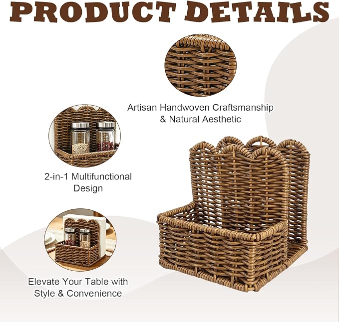 Plastic Rattan Scalloped Perimeter Napkin Holder for Table, Salt and Pepper Shakers Holder - Countertop Organizer for Rustic Room Decor, Brown (Without Salt, Pepper Shakers & Napkins) - Image 3