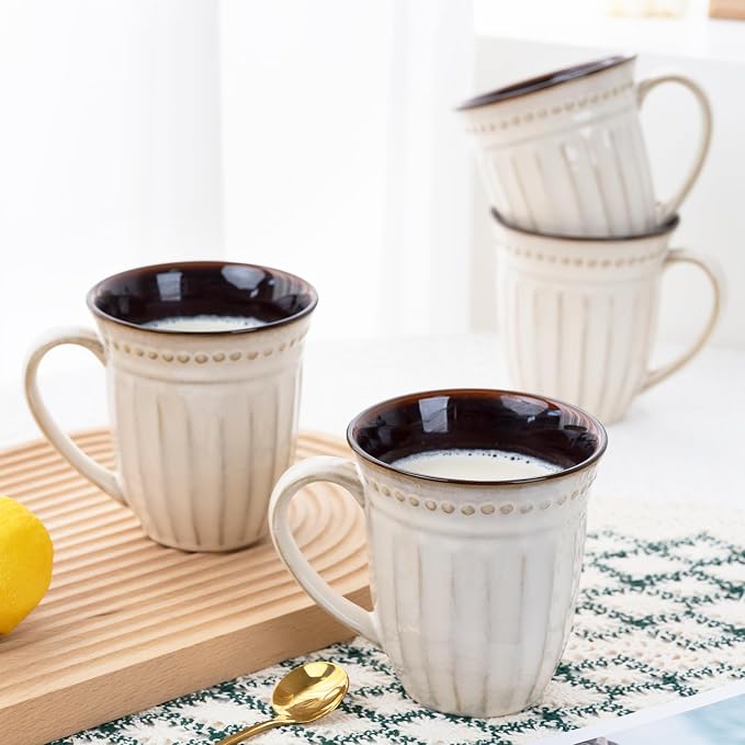 12oz French Perle Groove Ceramic Mugs Set of 4, Off White Pearl Texture, Dishwasher Microwave Oven Safe, for Latte, Cappuccino, Tea, Espresso & Hot Cocoa, Ideal Gift for Him, Her, Dad & Mom - Image 7