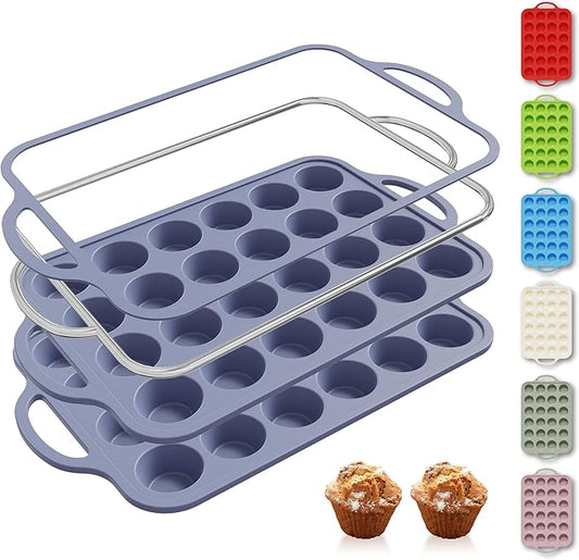 2 Packs 24 Cups Silicone Muffin Pan with Metal Reinforced Frame Mini Size Cupcake Pan Tray Egg Bites Silicone Circle Cookie Molds Muffin Tin Tart Pans Baking Sheet Set for Breakfast Sandwiches