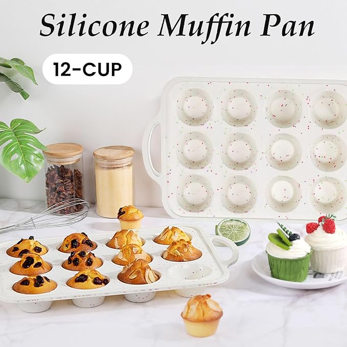 12-Cup Silicone Muffin Pans for Baking, Silicone Cupcake Pan with Handle, Easy to Clean Free Muffin Tin for Oven, Microwave, Freezer