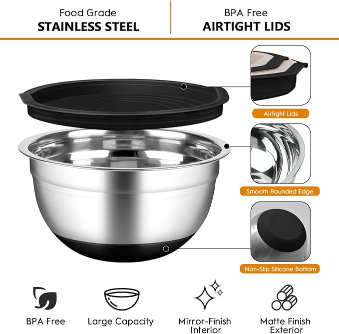 Mixing Bowls with Airtight Lids, 18pcs Stainless Steel Mixing Bowls Set | Nesting Non-slip Silicone Bowls Bottom, Size 4.5, 3.6, 2.7, 2.1, 1.7, 1.1, 0.7 qt, Fit for Mixing & Serving(Black) - Image 3