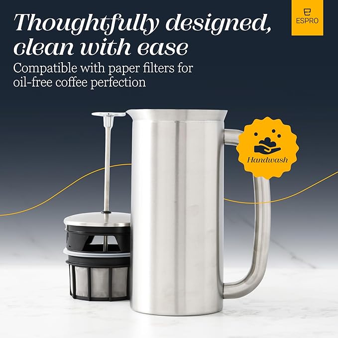 ESPRO P7 French Press Stainless Steel 304 – Patented Double Walled Micro-Filter Insulated French Press Coffee Maker, Grit-Free Brew - Heat Resistant BPA Free Coffee Maker (18oz)