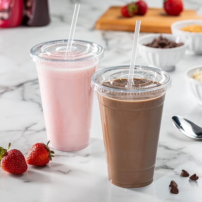GUSTO [20 oz - 100 Sets Clear Plastic Cups with Lids and Straws – Disposable Iced Coffee Cups for Cold Drinks, Smoothies, Boba, and To-Go Beverages – Sturdy, Easy-to-Separate