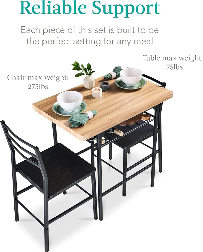 Best Choice Products 3-Piece Modern Dining Set, Space Saving Dinette for Kitchen, Dining Room, Small Space w/Steel Frame, Built-in Storage Rack - Oak/Black - Image 7