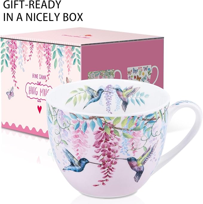 Spring Hummingbird Hug Mug - 20oz Pink Bone China Coffee Tea Mug with Floral Vine & Fluttering Hummingbirds, Thoughtful Gifts for Mom Women Mothers Day, Designed in England by Harvest Green Studio - Image 3