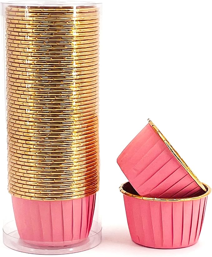 Party Hippo Cupcake Cups, 3.5 Oz 50 pcs Disposable Foil Muffin Liners, Gold Baking Cups, Ramekin Aluminum Cupcake Tip Pan Ramekin Holders, Little Baking Cups (50, Pink) by PARTYHIPPO