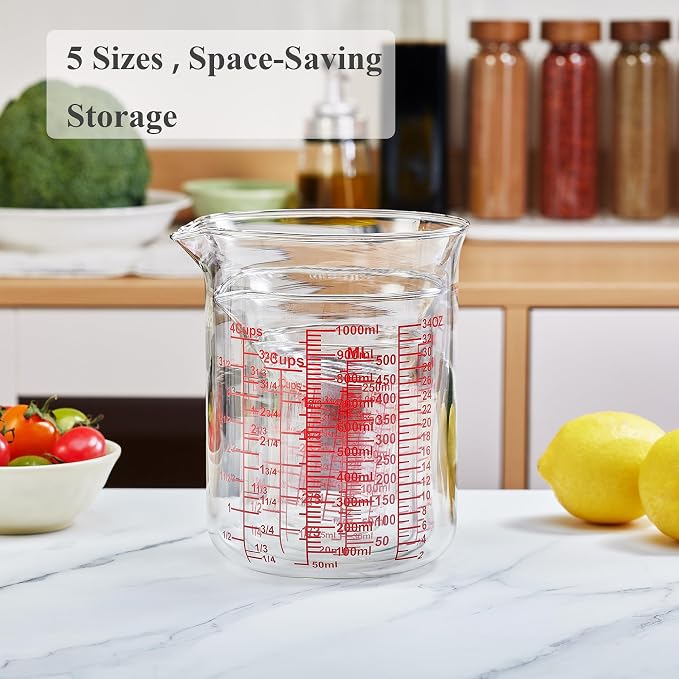 Ackers High Borosilicate Glass Measuring Cup Set with Pour Spout,60ml(2OZ),120ml(4OZ), 250ml(8OZ), 500ml(16OZ), 1000ml(32OZ) Glass Measuring Beaker for Kitchen or Restaurant, Easy to Read - Image 6