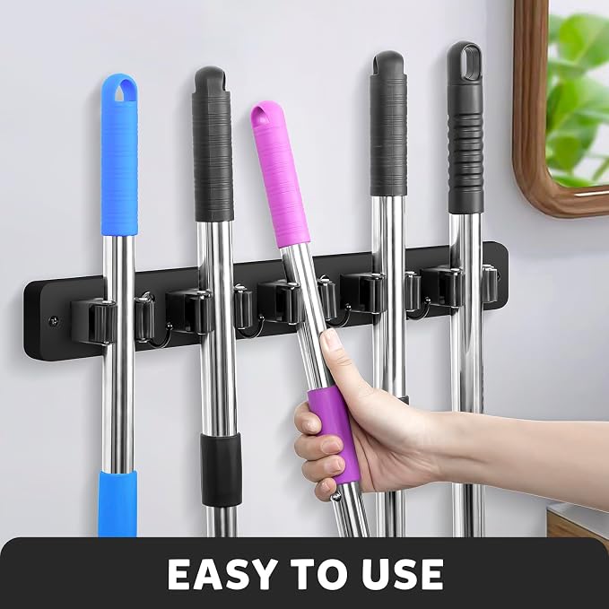 IMILLET Broom Holder Wall Mount, Rustic Broom Hanger for Laundry Room | Wood Broom and Mop Organization and Storage, Mop Holder for Home Decor, Garden, Garage, Closet, 5 Racks and 4 Hooks, Black - Image 3