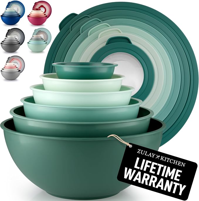 Zulay Kitchen 12-Piece Plastic Mixing Bowl Set - Colorful Nesting Bowls with Lids - Microwave & Freezer Safe (Teal Ombre) by ZulayKitchen