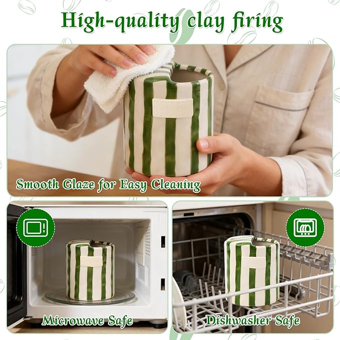 Ceramic Coffee Mug with Sip Hole 10oz Cute Espresso Cup | Unique Hand-Drawn Green and White Striped Design, Microwave and Dishwasher Safe, for Kitchen Dining, Office, Holiday Gift - Image 8