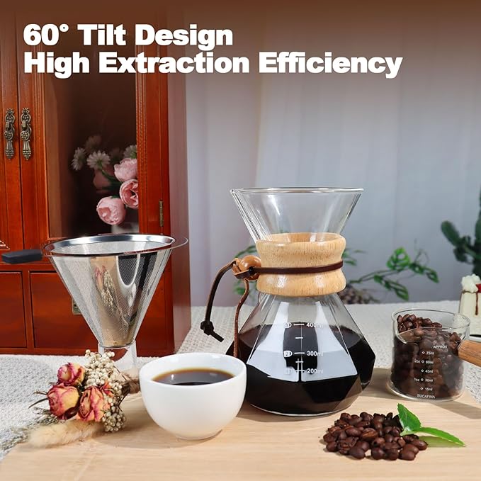 Pour Over Coffee Pot Set 400ml Features 304 Stainless Steel Filter Glass Coffee Pot with High Borosilicate Glass Duckbill Spout Design Solid Wood Handle Pour Over Coffee Drippers Daily Brewing
