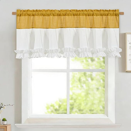 Likiyol Linen Valances for Windows Farmhouse Window Valances with Ruffle Rustic Country Light Filtering Kitchen Valance Curtains Rod Pocket Valance for Bathroom Cafe, Yellow White, 52" W X 18" L by Likiyol