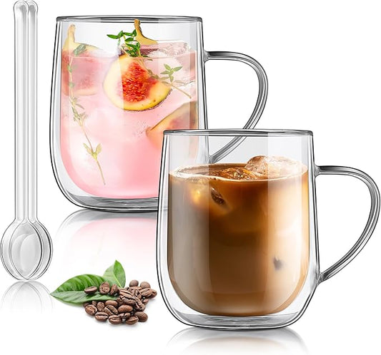 Joeyan Large Clear Double Walled Glass Coffee Mugs 15 oz, Double Layer Tea Latte Cappuccino Cups with Handle, Double Lined Insulated High Borosilicate Glassware for Milk and Hot Beverages, Set of 2