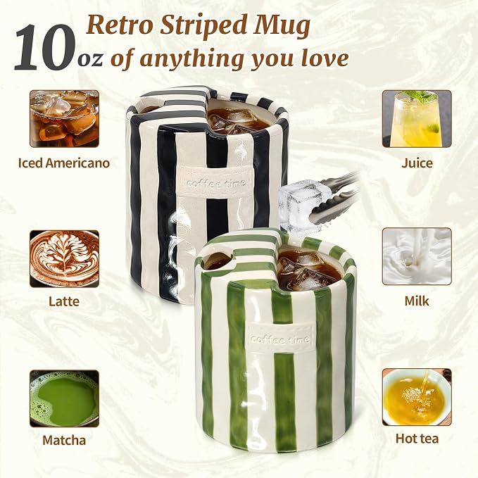 2-Pack 10 oz Ceramic Coffee Mug with Sip Hole & Silicone Sleeve | Cute Hand-Painted Striped Porcelain, Gift for Coffee Lover, Cold & Hot Drinks, Microwave & Dishwasher Safe, Green, Black - Image 6