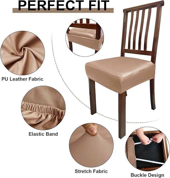 Waterproof Pu Leather Seat Covers for Dining Room Chairs Set of 6,Soft Chairs Seat Slipcovers,Dining Chair Cover Removable Washable Chair Protector Cover Stretch Kitchen Chair Covers - Image 5
