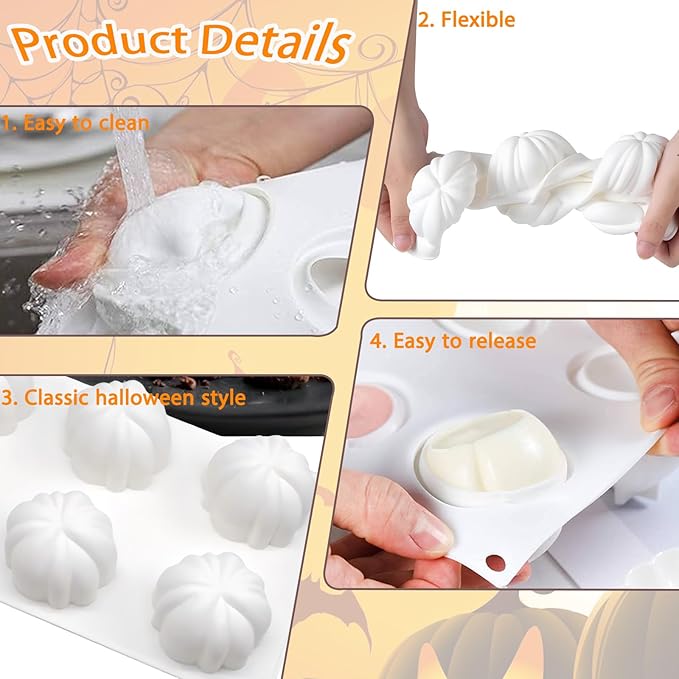 2Pcs 3D Pumpkin Silicone Mold Halloween Thanksgiving Fall Cupcake Baking Pan Mousse Tray Molds for Chocolate Pastry Jelly Soap