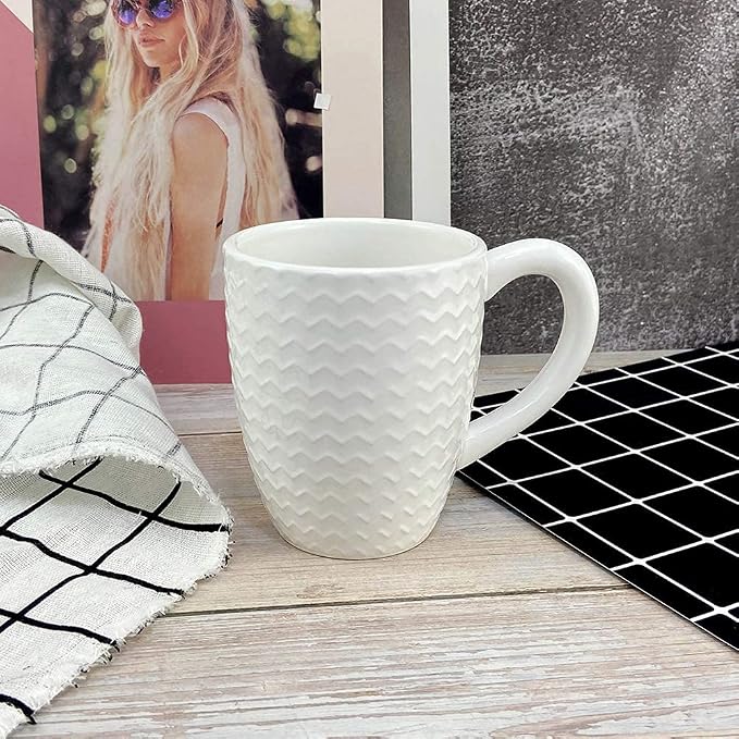 Schliersee 12 OZ White Ceramic Coffee Mugs Set of 6, Stylish Embossed Coffee Cups Set for Coffee, Tea, Milk, Cocoa, Cereal - Image 4