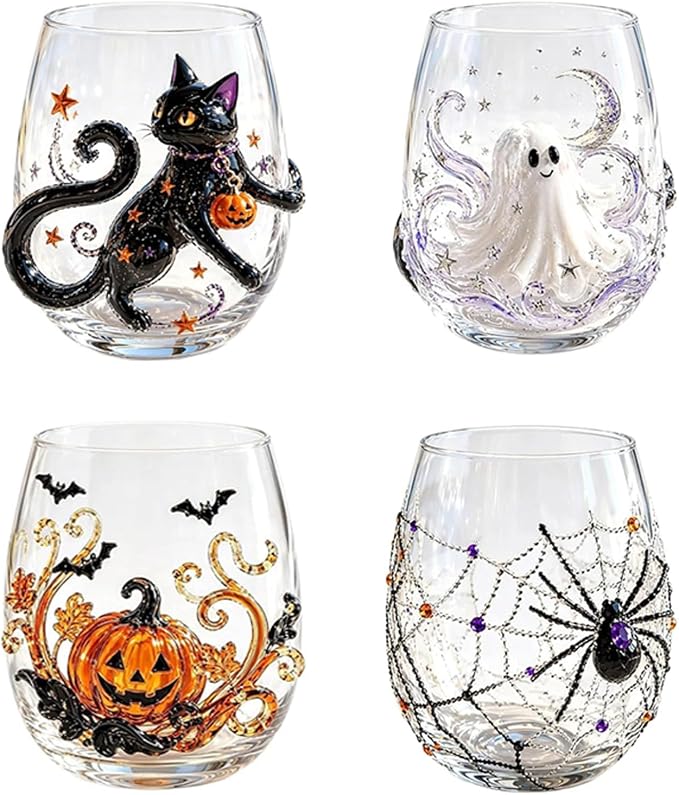 Halloween Artisan Glassware Collection,Handmade Stemless Wine Glass,Gothic Style Artistic Glass Wine Goblet Home Decor Piece Featuring Spooky Pumpkin Design Halloween Party Home Decor Gift，4Pcs-ABCD by Unknown