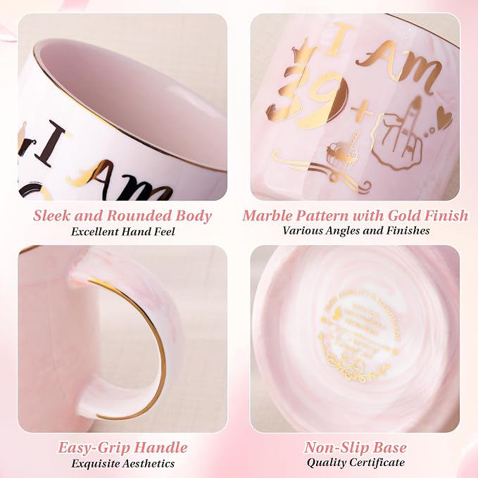 Funny 40th Birthday Gifts for Women, 14oz Pink Mug with 39+1 Hand Design | Marble Ceramic Gold Print Coffee Cup, Greeting Card & Luxury Gift Box, Celebrating Her Fabulous 40th with Humor and Style - Image 3