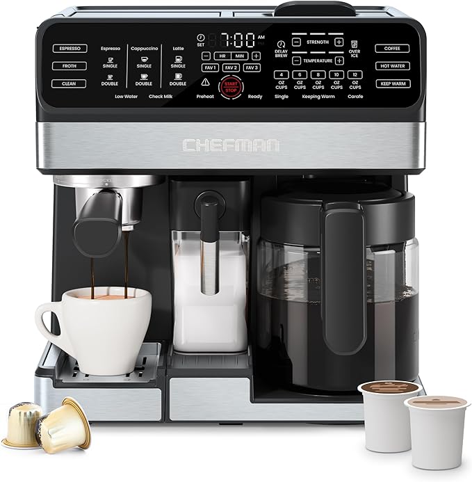 Chefman Coffee Maker Espresso Machine Combo, 8-in-1 Coffee Station with Automatic Milk Frother for Lattes, Cappuccinos, Macchiatos, 20-Bar Pump, 12-Cup Carafe & 3L Water Tank - Black by Chefman
