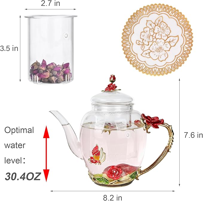 Enamel Glass Flower Tea Pot With Removable Loose Tea Leaf Infuser Tea Maker Teapot Set 30.4OZ Gifts for Women,Mom,Birthday | Tea Maker With Removable Loose Tea Leaf Infuser,Teapot Set,Heat & Cold Resistant,Shatterproof - Image 3