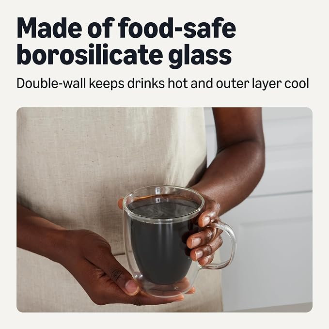 Amazon Basics Double Walled Glass Coffee Mugs, 4-Piece Set, 12 oz., Dishwasher-Safe, Borosilicate Glass - Image 3