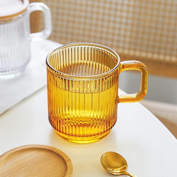 Lysenn Amber Glass Coffee Mug with Lid - Premium Classical Vertical Stripes Glass Tea Cup - for |Latte|Tea|Chocolate|Juice|Water| - Unleaded - Bamboo Lid - 12.5 Ounces