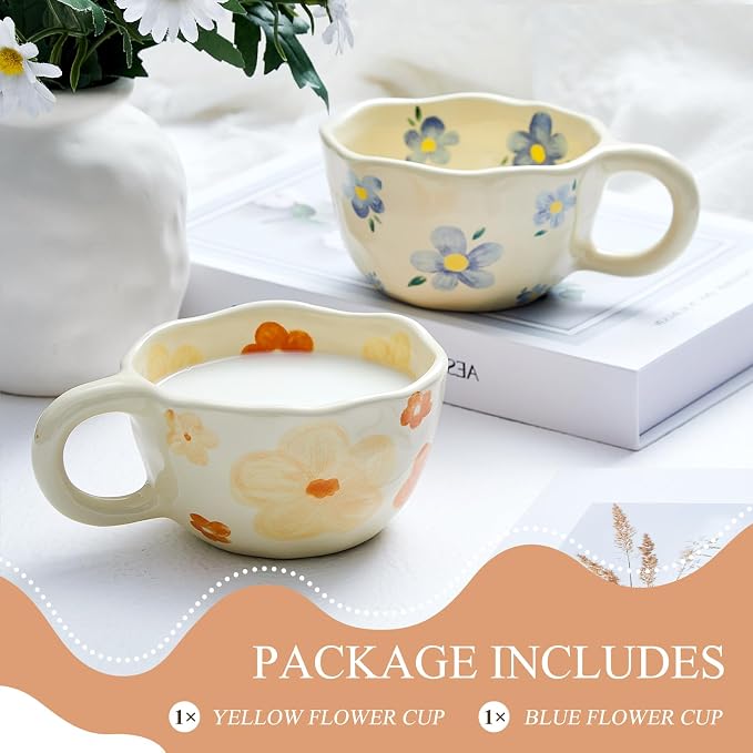 Vesici 2 Pcs Ceramic Coffee Mugs with Spoon, Vintage Floral Spring Mugs with Handle, 8.5 oz Aesthetic Flower Porcelain Tea Cup Set, Dishwasher & Microwave Safe Mothers Day Gifts for Mom(Vivid) - Image 3