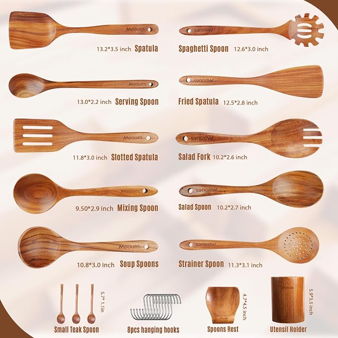 Mooues Wooden Kitchen Utensil Set, 15 Piece Natural Teak with Spoon Rest | Wooden Cooking Utensils with Comfort Grip, Smooth Durable Heat Resistant Cooking Spoons and Utensils Holder for Cooking - Image 3