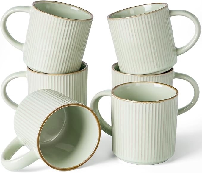 famiware Star Coffee Mug Set for 6, Handcrafted 12 oz Ceramic Stoneware Mugs Cup Set, Chip-Resistant & Stackable, Dishwasher/Microwave Safe, Light Green by Famiware