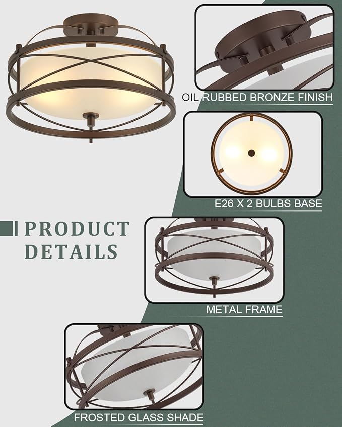Entryway Drum Light Fixtures, Semi-Flush Mount Rustic Ceiling Light for Hallway Living Room Bedroom Kitchen (Old Bronze Finished) - Image 3