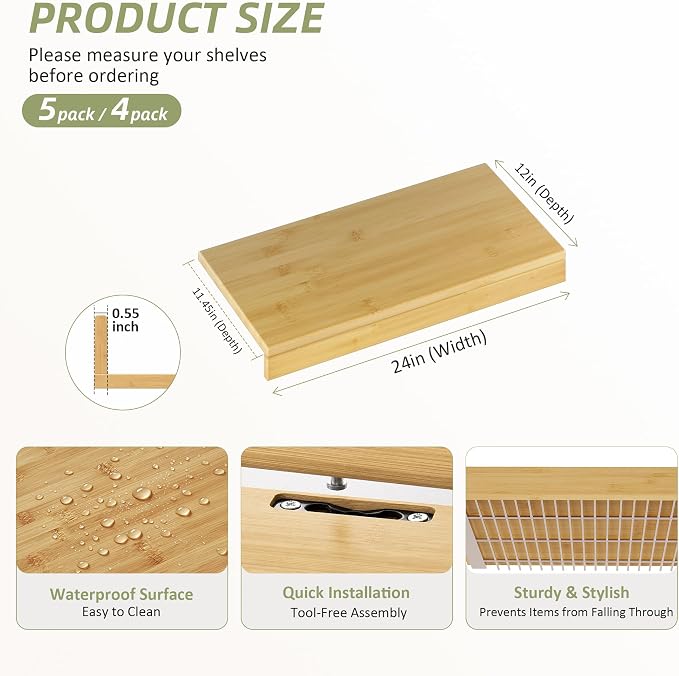 Wire Shelf Covers, Bamboo Wire Rack Covers for Pantry, Closet，Kitchen (5pcs, 24" W x 12" D, Natural) - Image 2