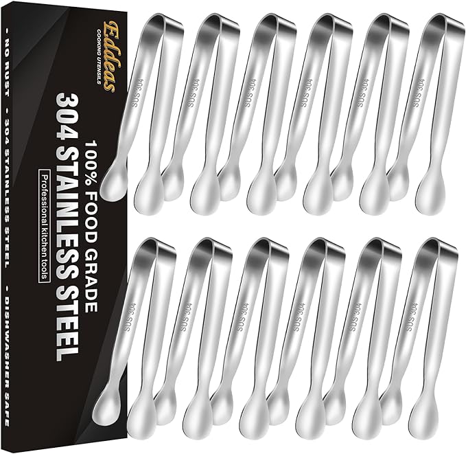 Eddeas Mini Tongs For Serving Food，Set fo 12 Small Tongs For Appetizers，Small Stainless Steel Metal Cooking Tong，for Tea Party Coffee Bar, 4 inch Sugar Tong - Silver by Eddeas