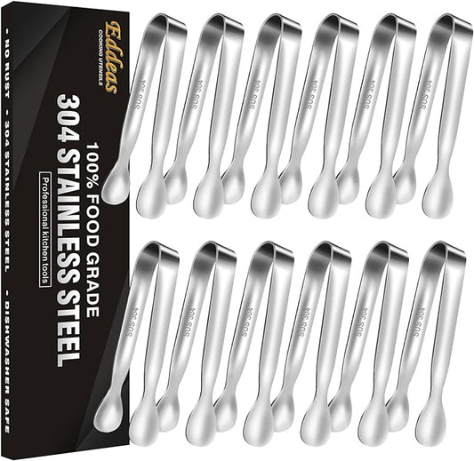 Eddeas Mini Tongs For Serving Food，Set fo 12 Small Tongs For Appetizers，Small Stainless Steel Metal Cooking Tong，for Tea Party Coffee Bar, 4 inch Sugar Tong - Silver by Eddeas