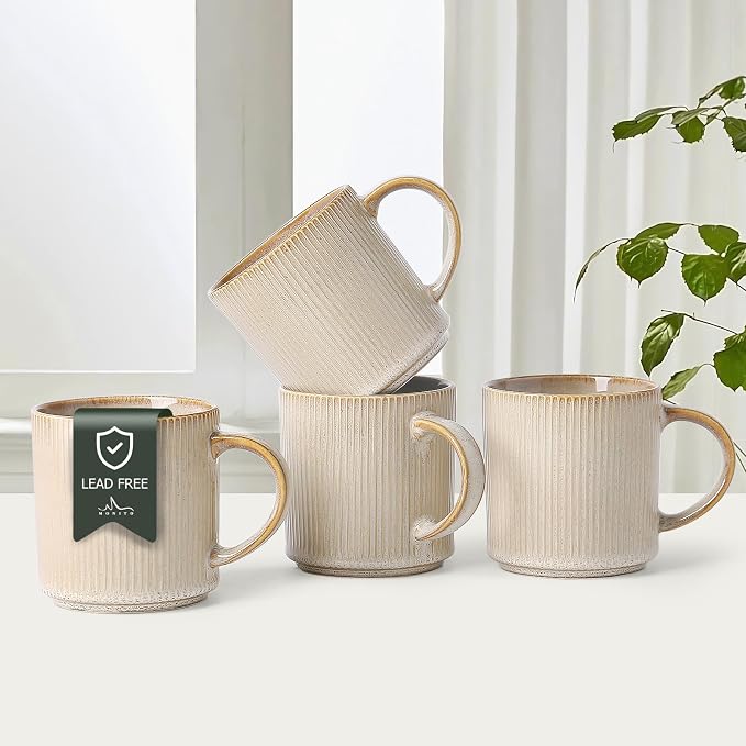 MONITO 16Oz Coffee Mugs Set of 4, Rustic Ceramic Coffee Cups Set with Large Handle, Vintage Striped Stoneware Coffee Mugs for Latte, Cocoa, Tea, Milk, Microwave & Dishwasher Safe, Bonbon Beige by MONITO
