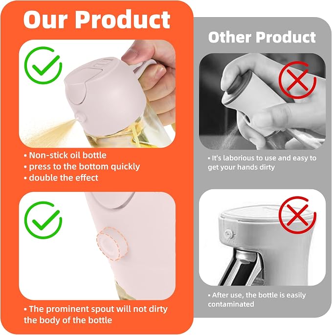 TrendPlain 16oz/470ml Glass Olive Oil Sprayer for Cooking - 2 in 1 Olive Oil Dispenser for Kitchen Gadgets, Air Fryer, Salad, and BBQ - Peach - Image 7