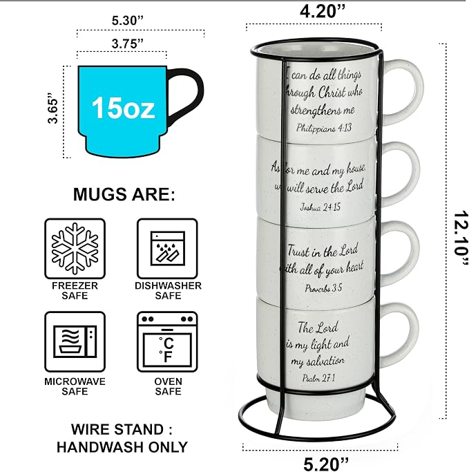 Signature Housewares Stackable Coffee Mug Tower Set with Metal Wire Rack - 15 Ounce Coffee Mugs for Coffee, Tea, Cocoa, Milk, Cappuccino, Hot Chocolate Set of 4 - Inspirational Bible Verses - Image 2
