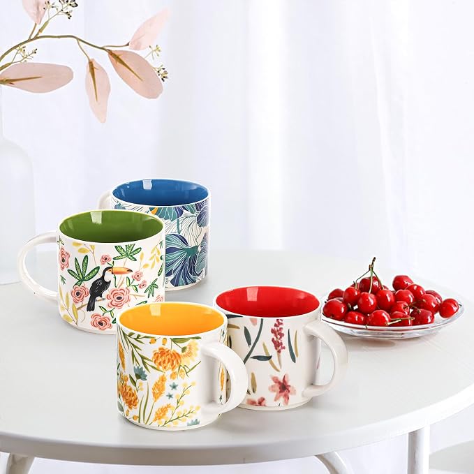 Frcctre Set of 4 Ceramic Coffee Mug Set, Large 15 Ounce Ceramic Tea Cup with Handle, Vintage Hand Painted Floral Porcelain Mug Colorful Restaurant Mug for Coffee, Tea, Milk, Hot Cocoa - Image 7