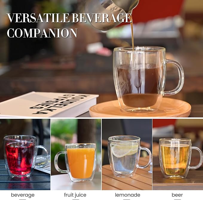 YUNCANG Double Wall Insulated Coffee Mugs, 16 Ounces - Clear Glass, Cappuccino & Latte Cups, Heat Resistant - Image 4