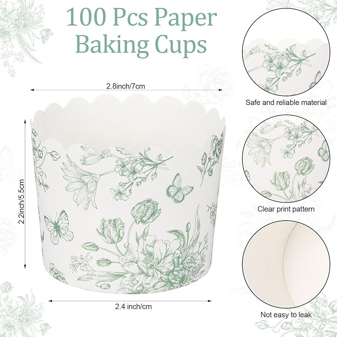 Qinyoung 150 Pcs Sage Green Floral Cupcake Wrappers Liners Chinoiserie Green Wildflower Paper Baking Cups Cupcake Disposable Cottagecore Muffin Cases for Wedding Baby Shower Birthday Tea Party Decor - Image 2
