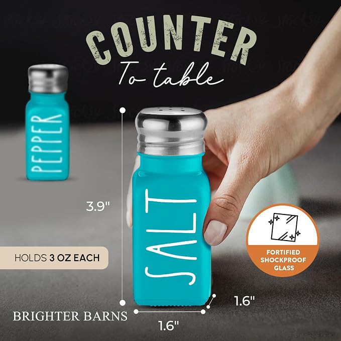 Teal Salt and Pepper Shakers Set by Brighter Barns - Turquoise Kitchen Decor & Turquoise Kitchen Accessories - Cute Modern Farmhouse Glass Shakers for Restaurants Wedding & Stainless Steel Lid (Teal) - Image 4